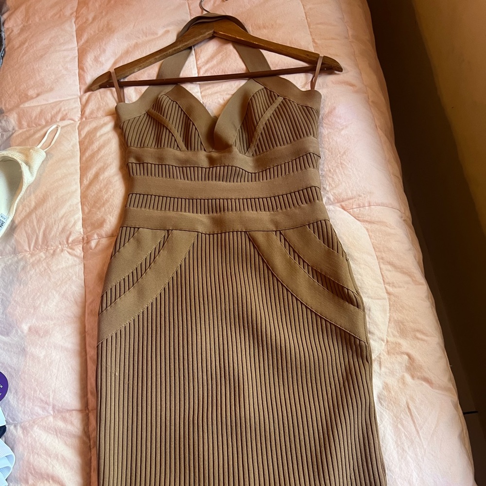 Mocha halter mid length bandage dress